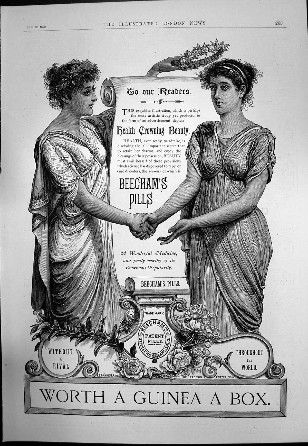 Antique Print Beechams Pills Health Crowning Beauty Wnderful Medecine 1890 19th