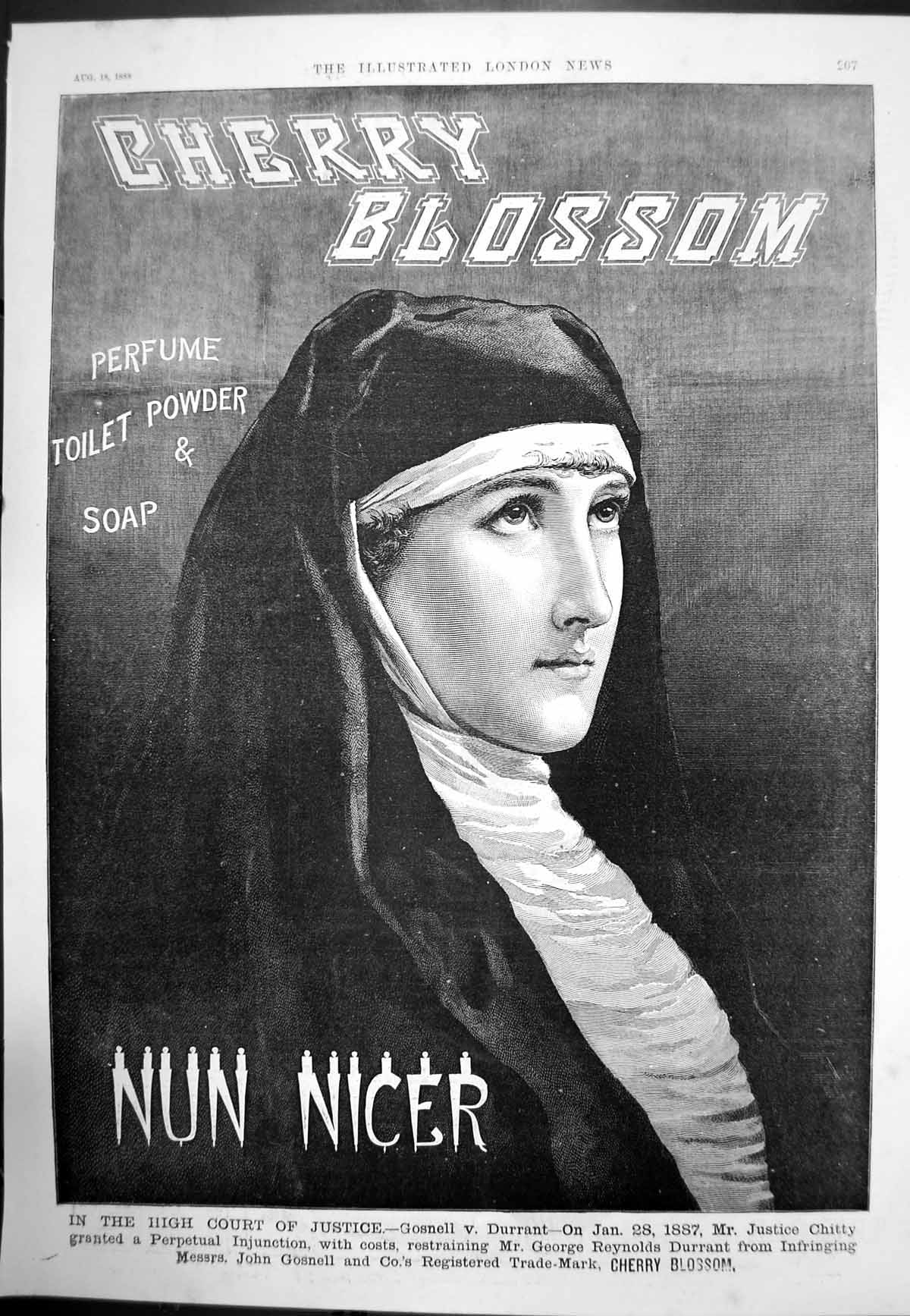Antique Old Print Cherry Blossom Perfume Toilet Powder Soap Nun Niger 1888 19th