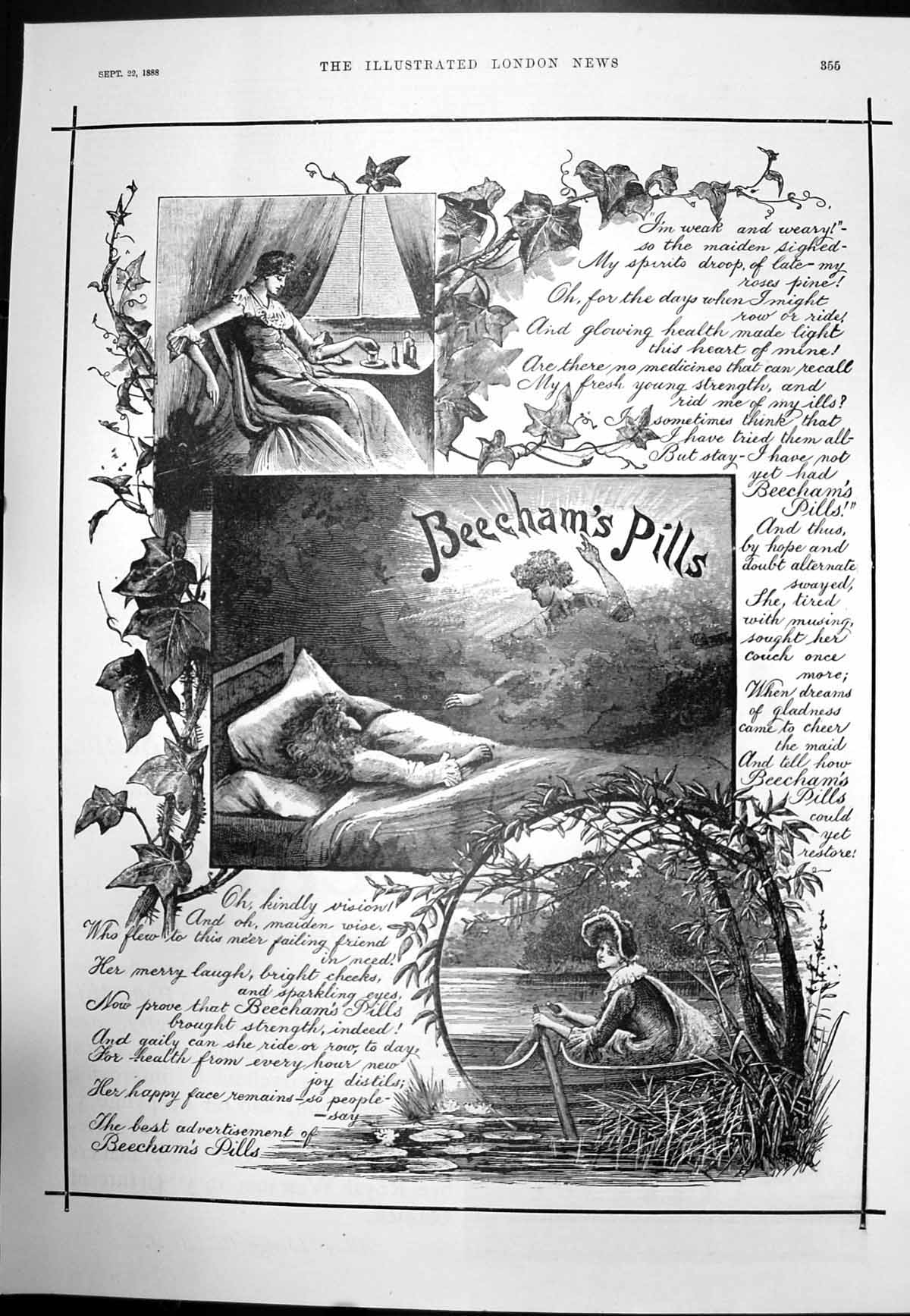 Antique Old Print Beechams Pills Brought Strenght Health Friend In Need 1888