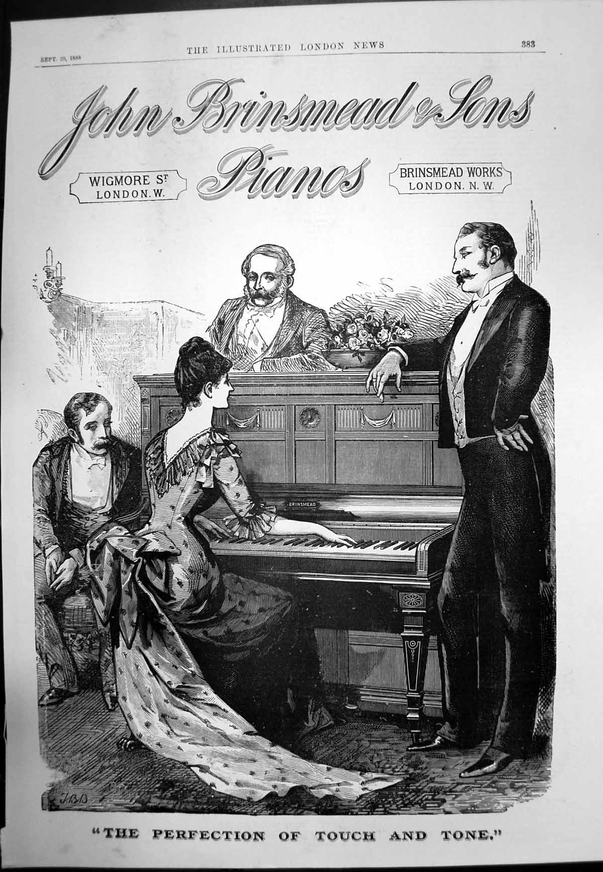 Old Antique Print John Brinsmead & Sons Pianos Perfection Touch Tone 1888 19th