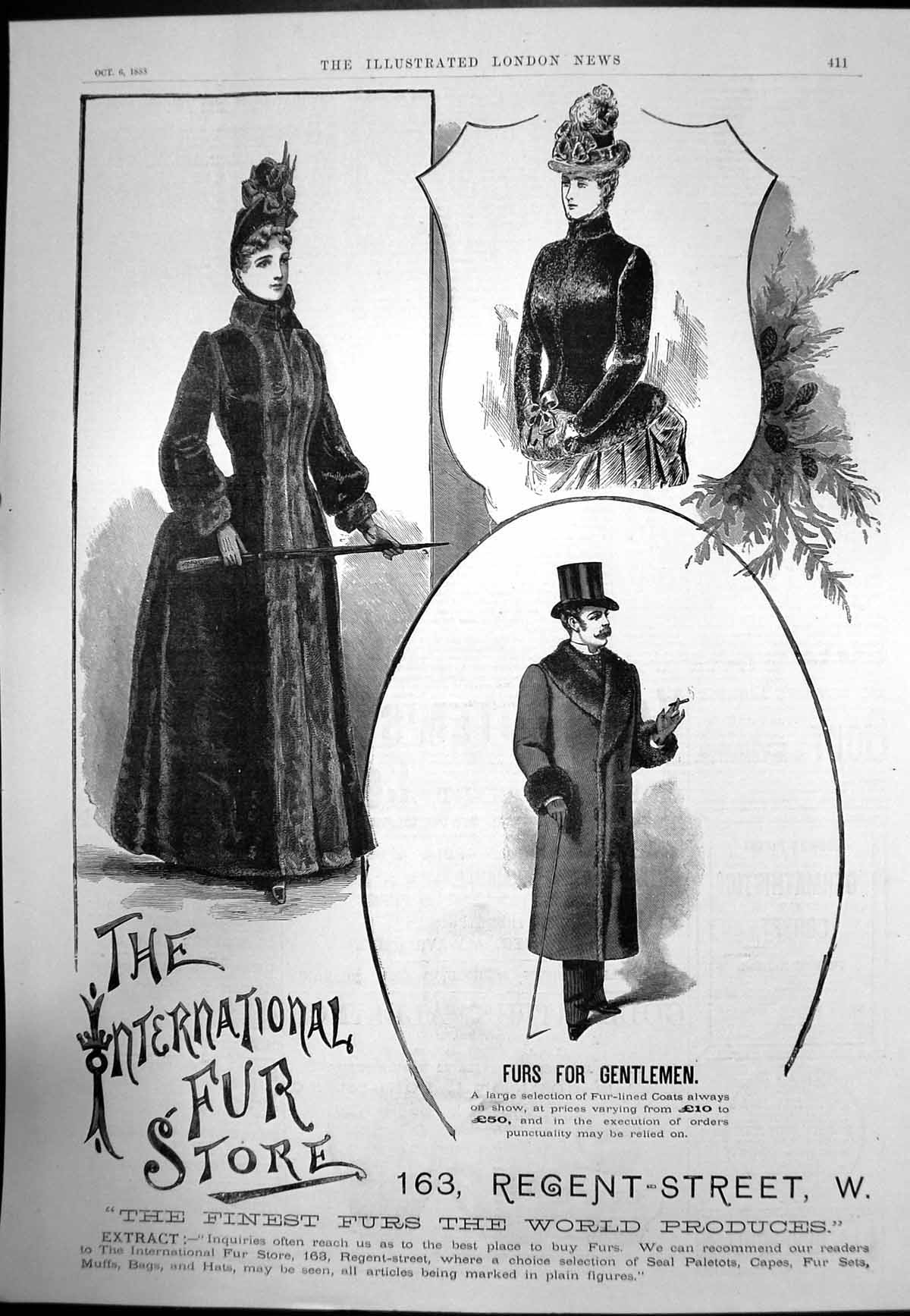 Antique Old Print International Fur Store Fur Lined Coats Gents Ladies 1888