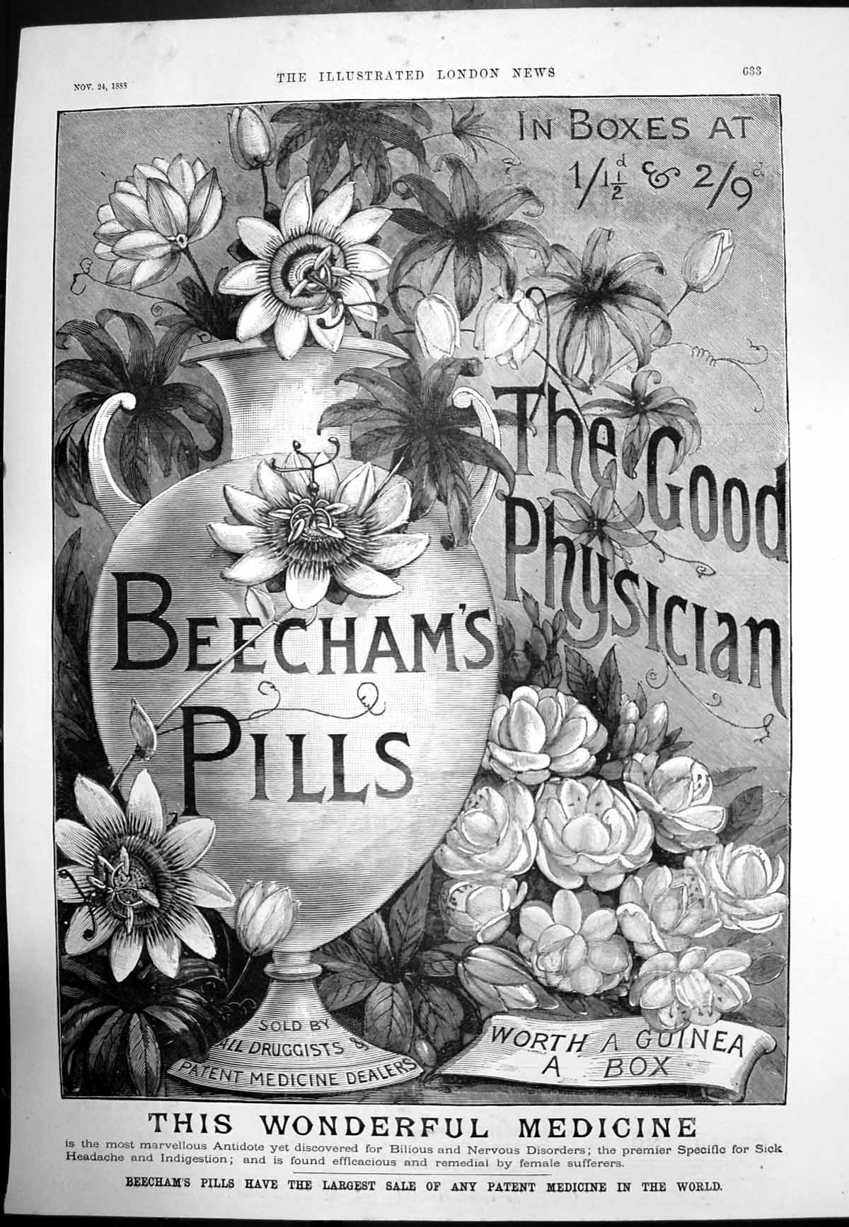 Original Old Antique Print Beechams Pills Good Physician SDruggists 1888 19th