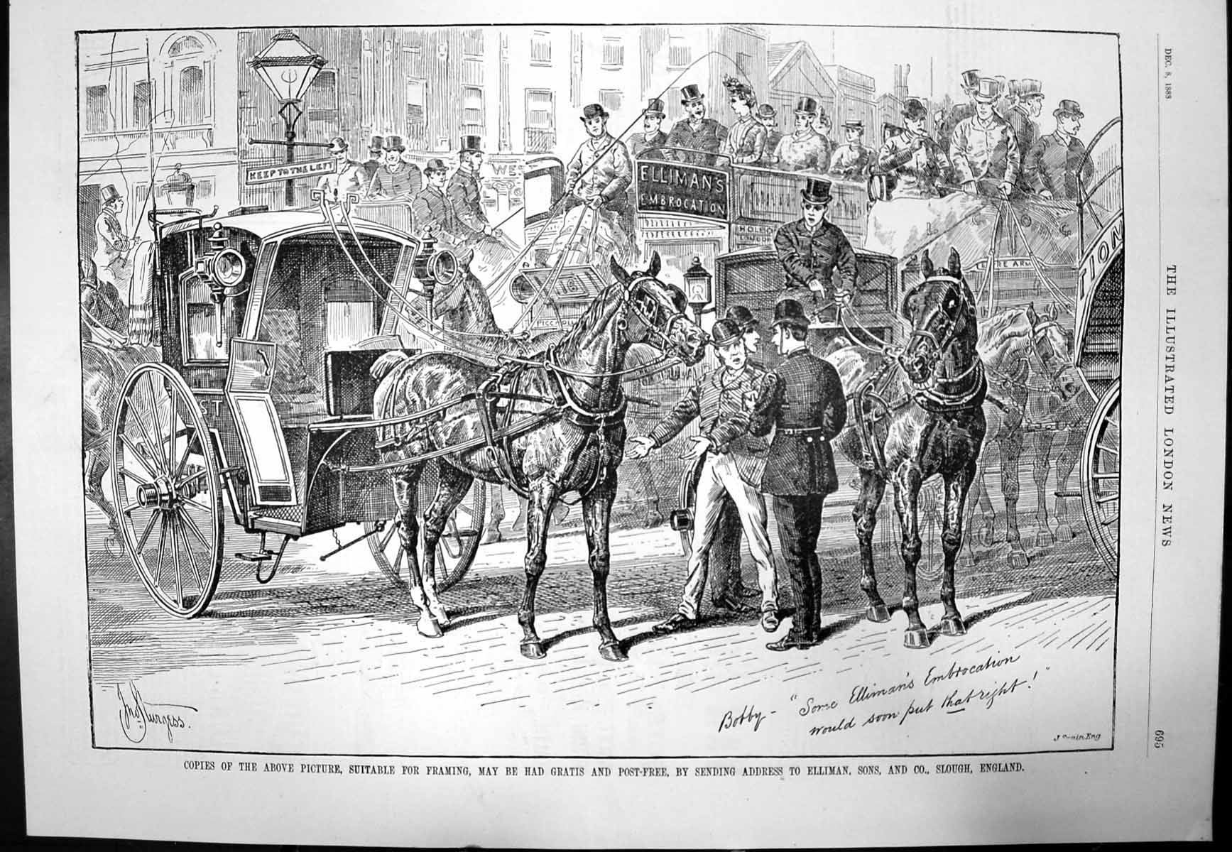 Antique Old Print Ellimans Embrocation Rider Recommending To Policeman 1888