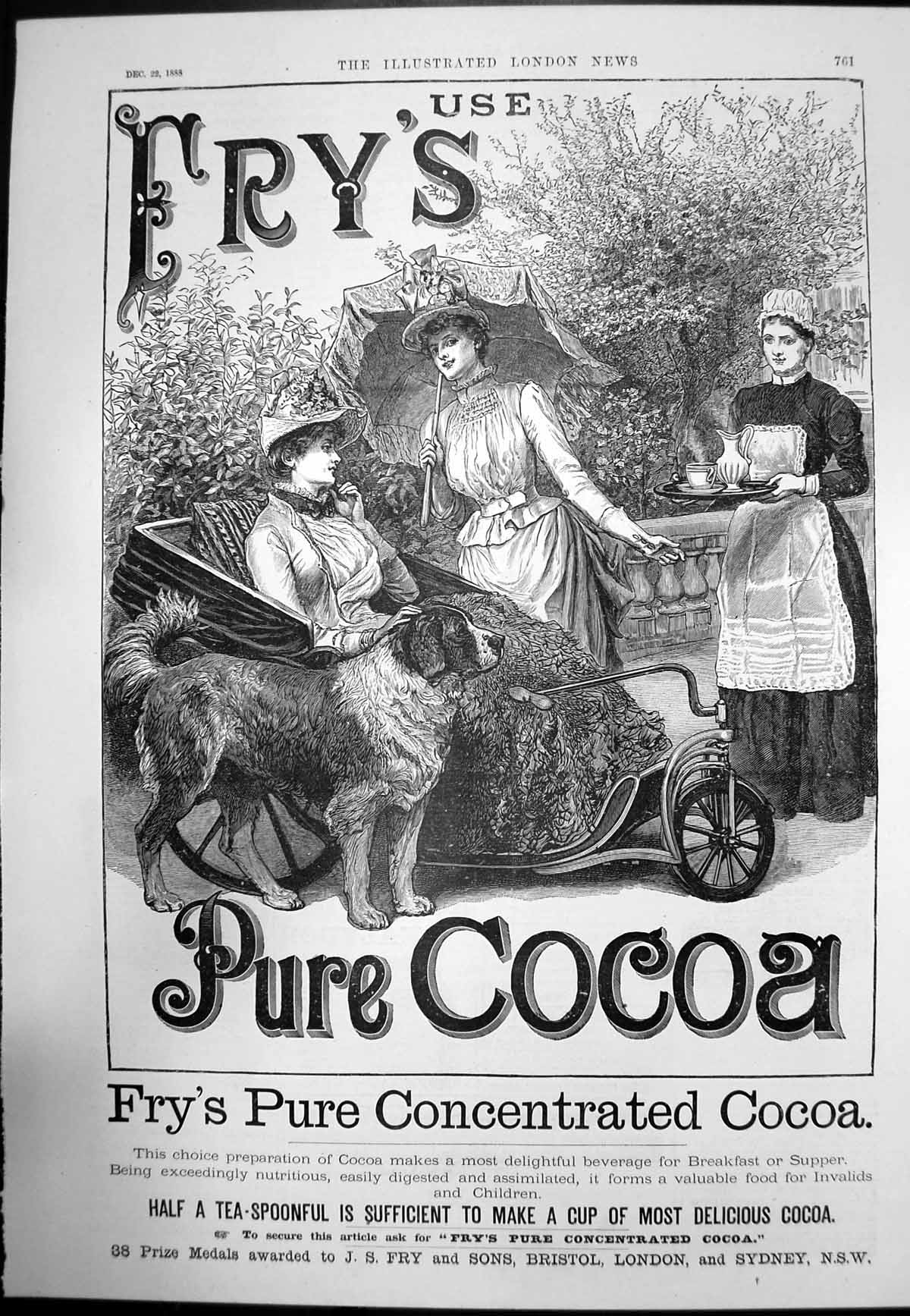 Old Antique Print Frys Pure Concentrated Cocoa Delightful Beverage 1888 19th