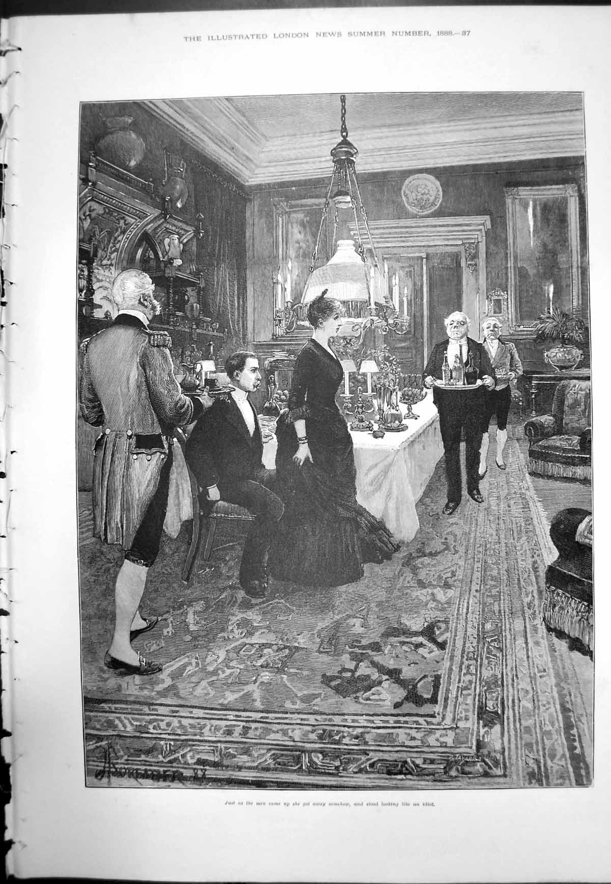 Original Old Antique Print Dining Room Stately Home Lady Gentleman Butlers 1888
