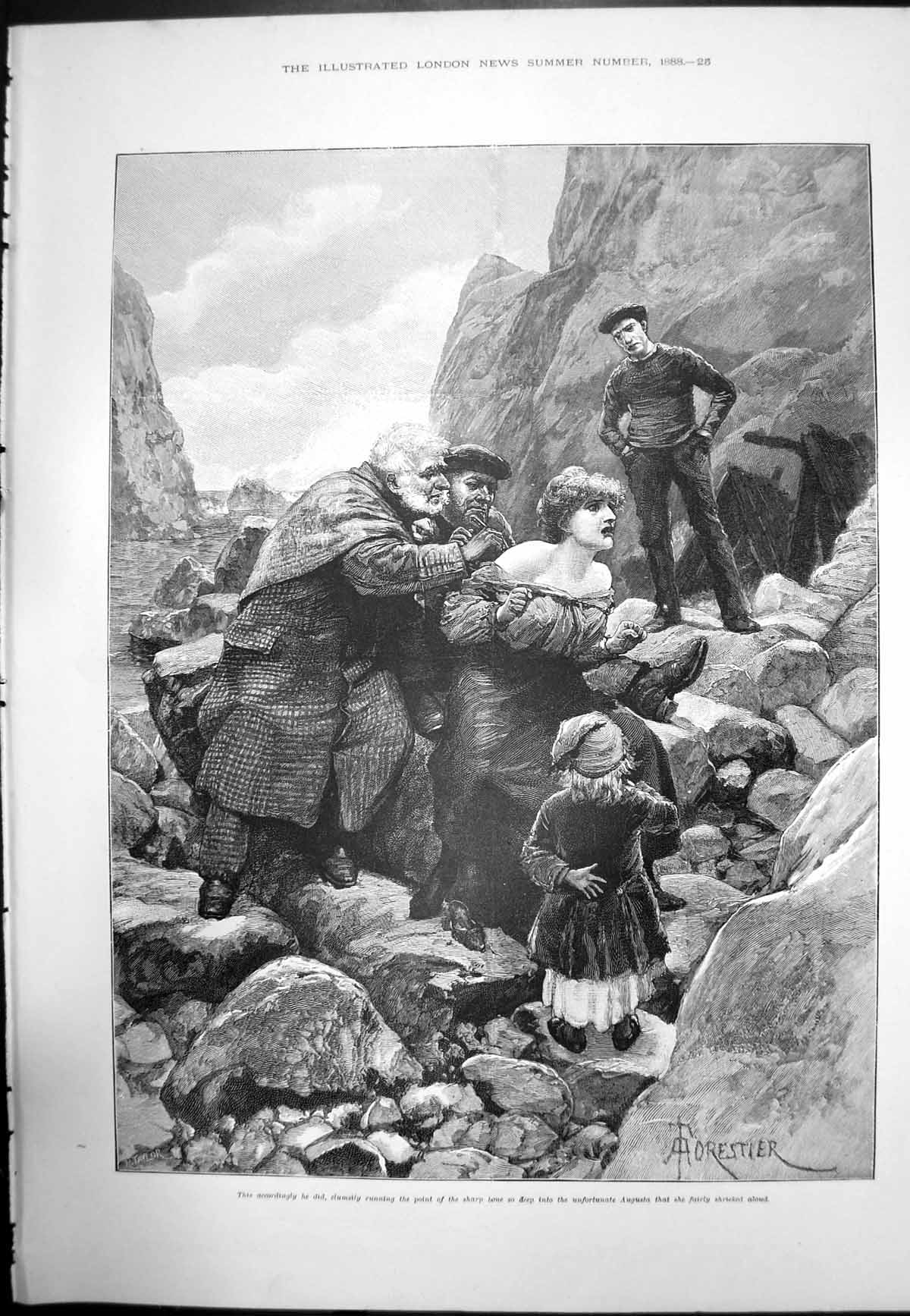 Old Antique Print Man Sticking Sharp Bone Augustas Back A Forestier 1888 19th