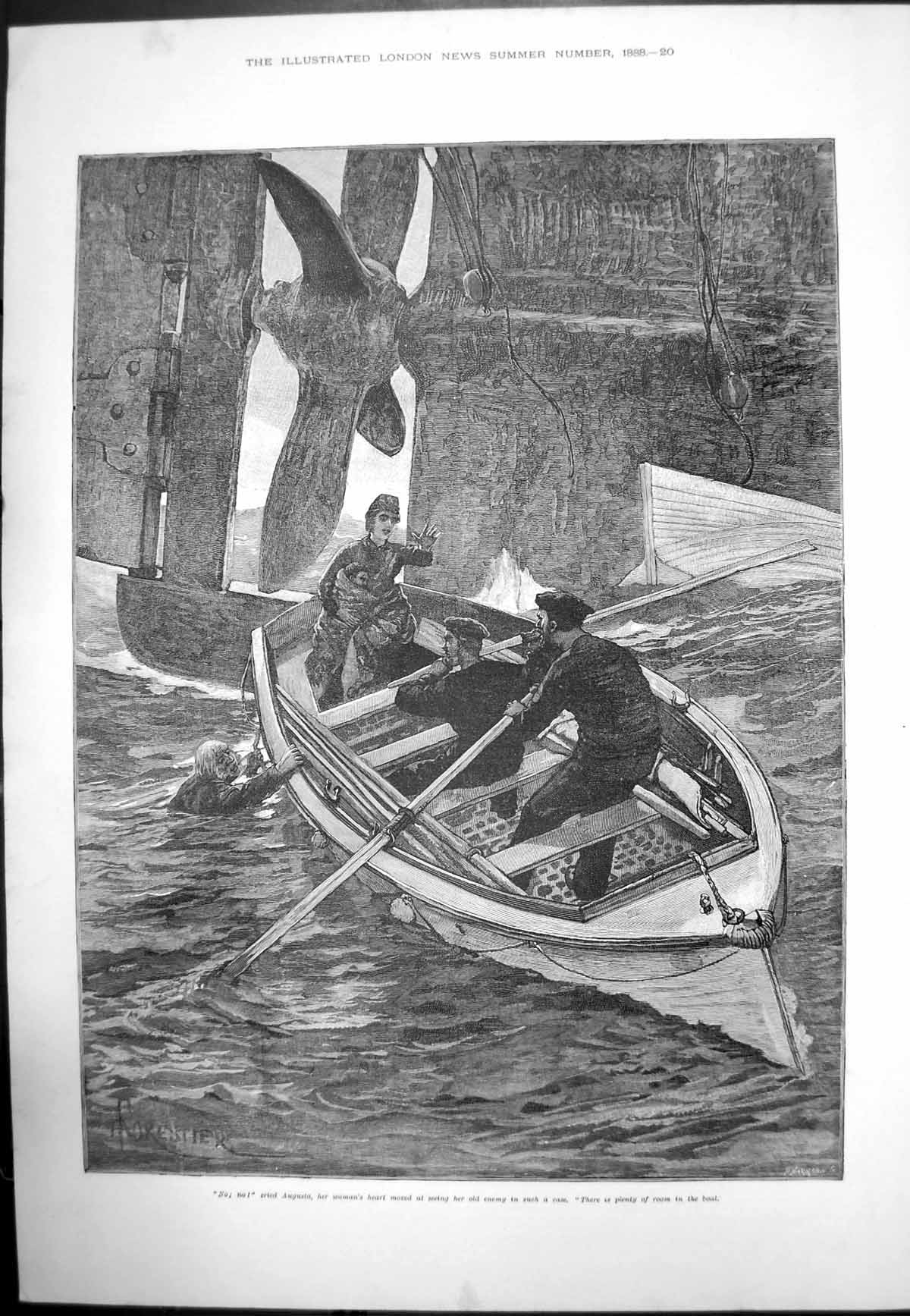 Old Antique Print Augusta Crying Men Rowing Boat Save Man In Water 1888 19th