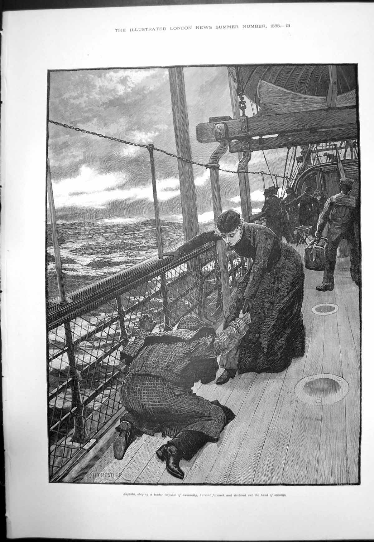 Old Antique Print Augusta Stretching Hand To Help Man On Deck Ship 1888 19th