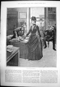 Original Old Antique Print Lady Office Saying She Has Been Cheated 1888 19th