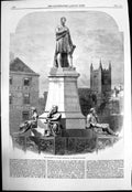 Original Old Antique Print Monument George Stephenson Newcastle On Tyne 1862