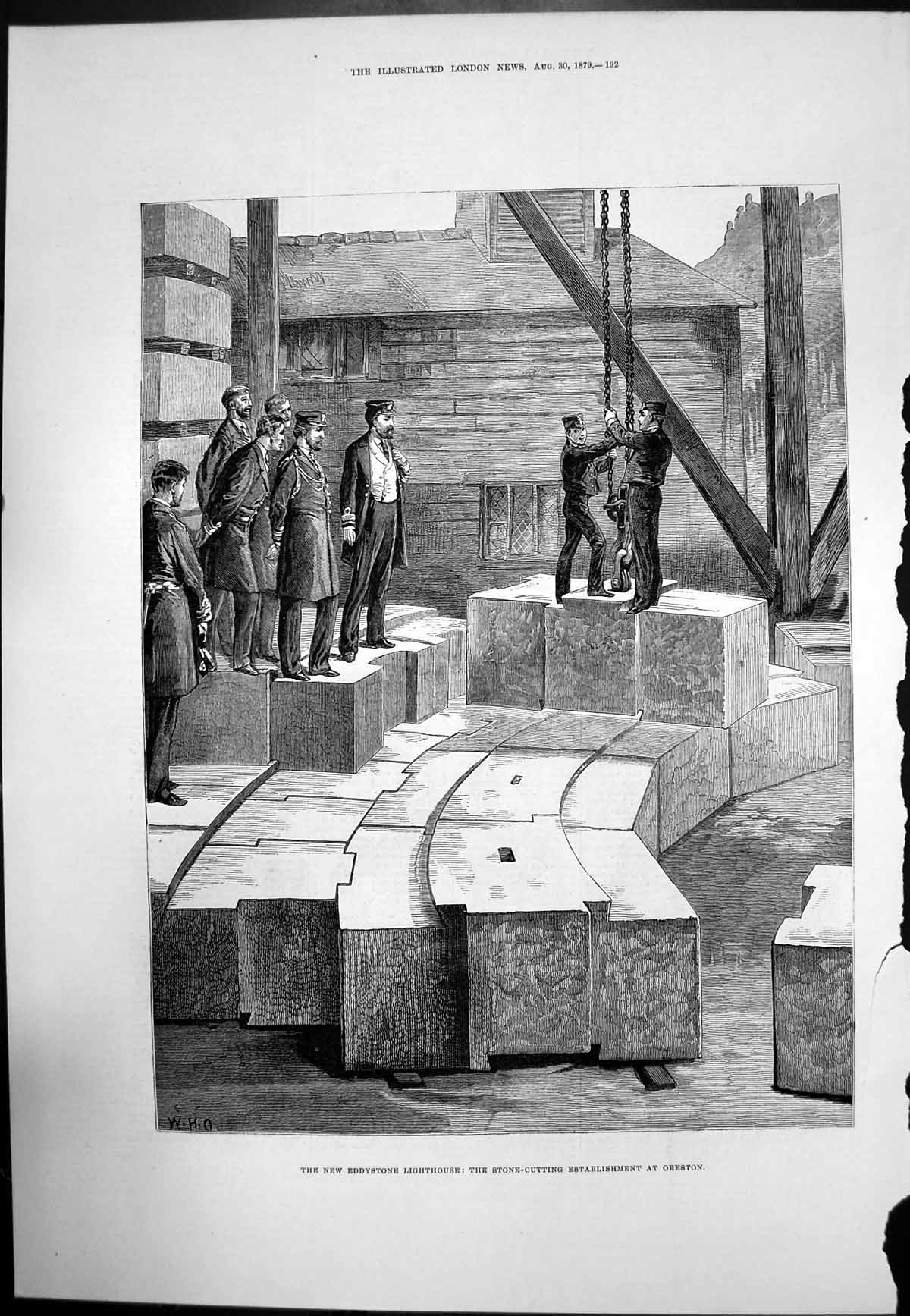 Antique Old Print Eddystone Lighthouse Stone Cutting Establishmentoreston1879