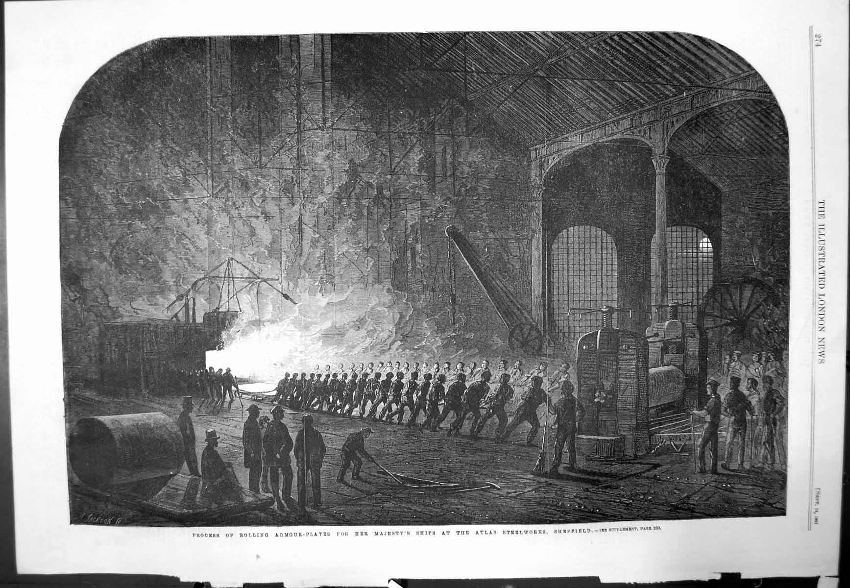 Antique Old Print Rolling Armour Plates Ships Atlas Steelworks Sheffield 1861