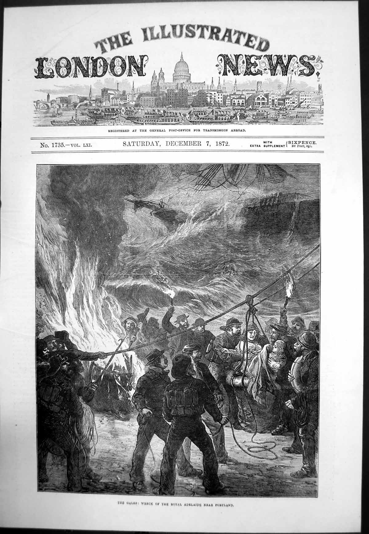 Original Old Antique Print Gales Wreck Royal Adelaide Ship Near Portland 1872