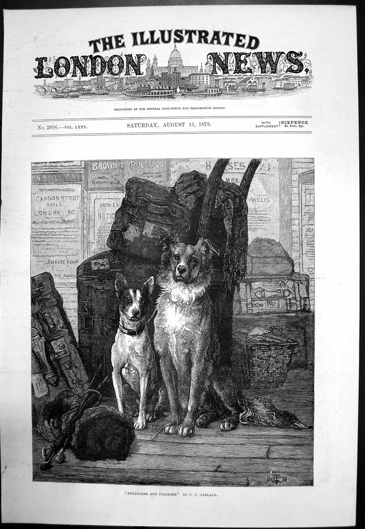 Antique Old Print Strangers & Pilgrims Two Dogs Sitting Cases Baskets 1879 19th