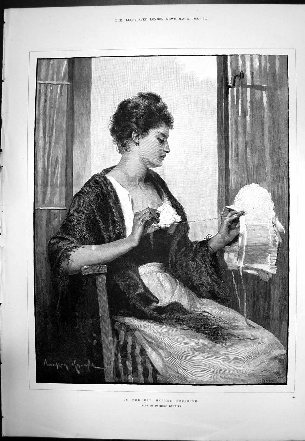 Antique Old Print In The Cap Market Boulogne Davidson Knowles Lady Cap 1888