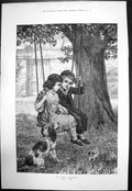 Antique Old Print First Proposal F Dadd Girl Boy Swing Hing Puppy Dog 1879 19th