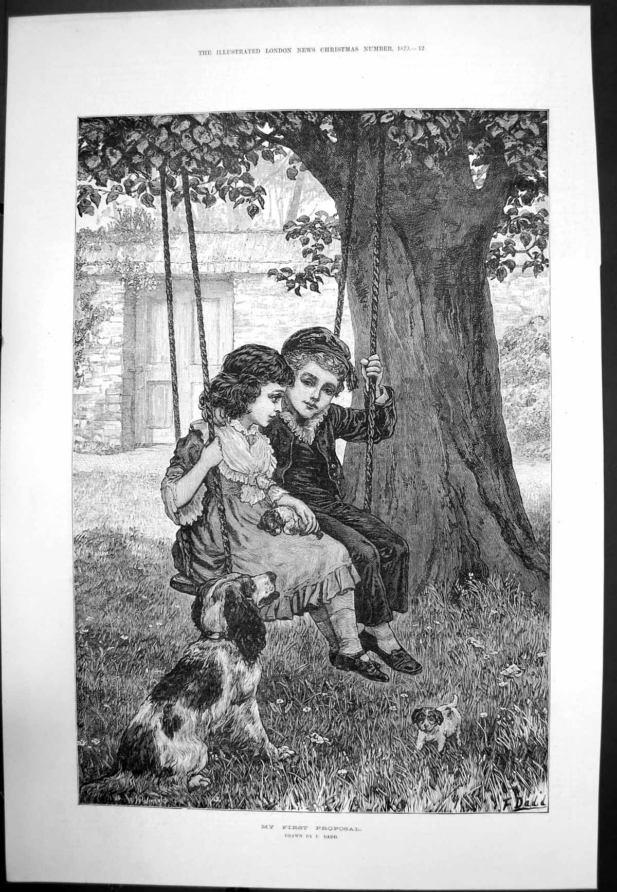 Antique Old Print First Proposal F Dadd Girl Boy Swing Hing Puppy Dog 1879 19th