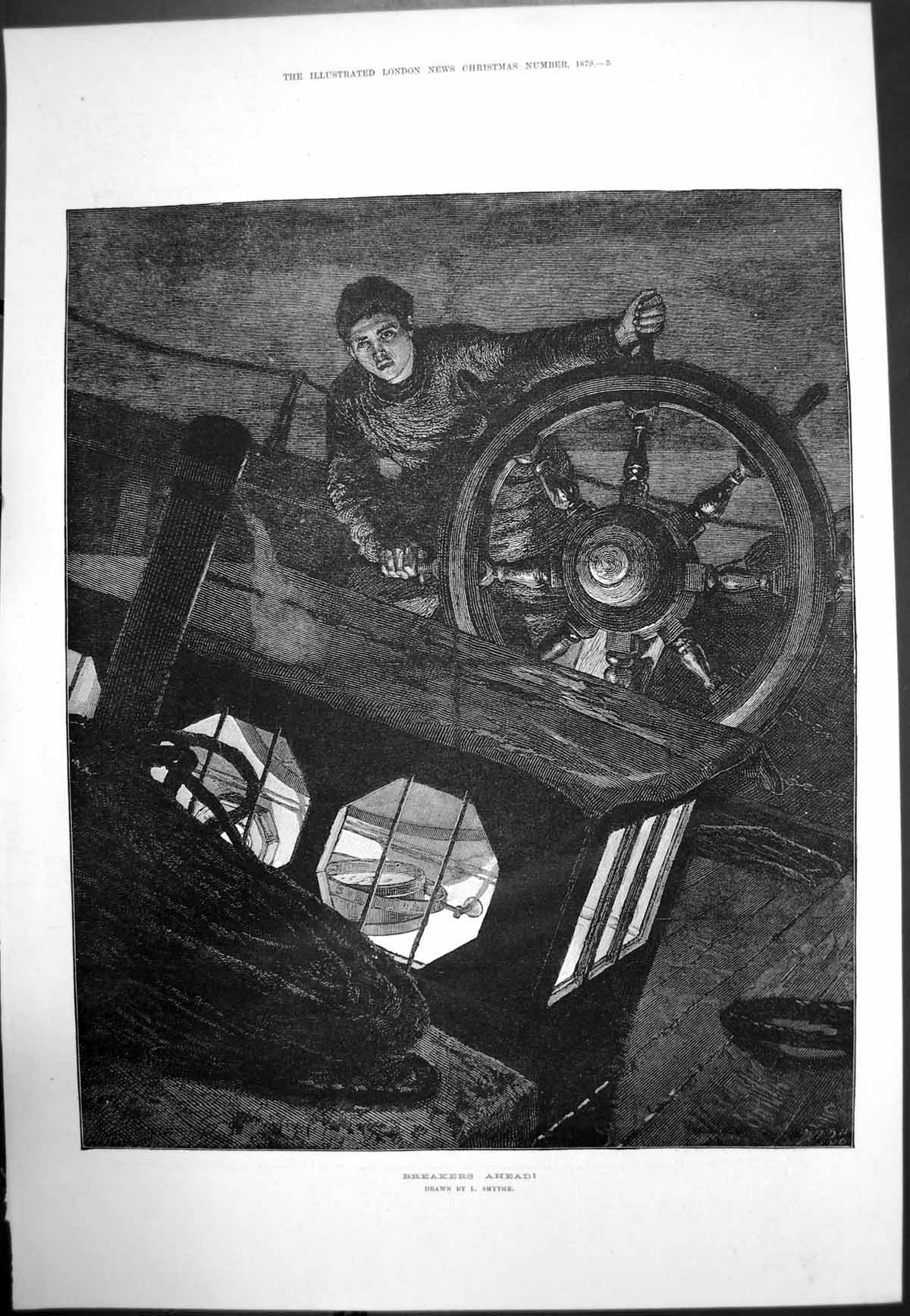 Original Old Antique Print Breakers Ahead L Smythe Sailor Ships Wheel 1879 19th