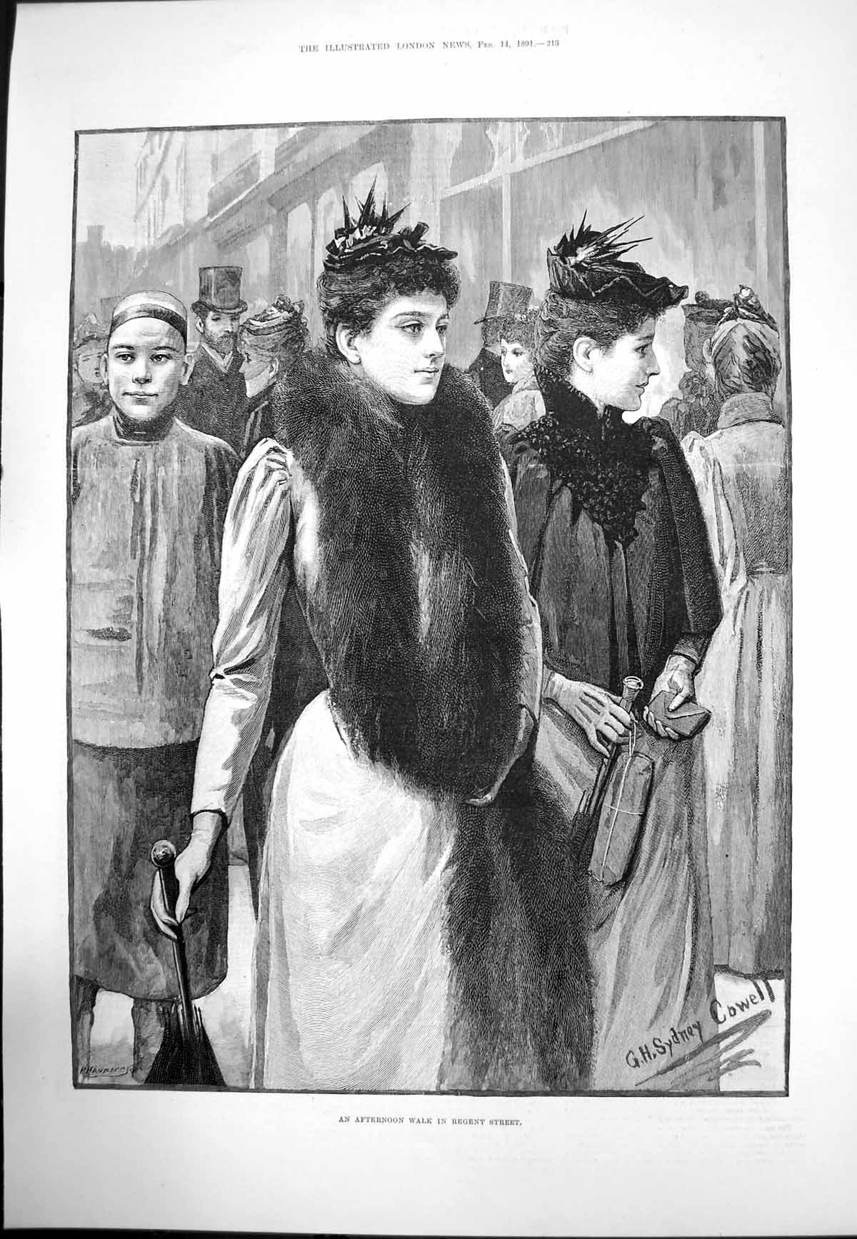 Antique Old Print Afternoon Walk Regent Street Gh Sydney Cowell Ladies 1891