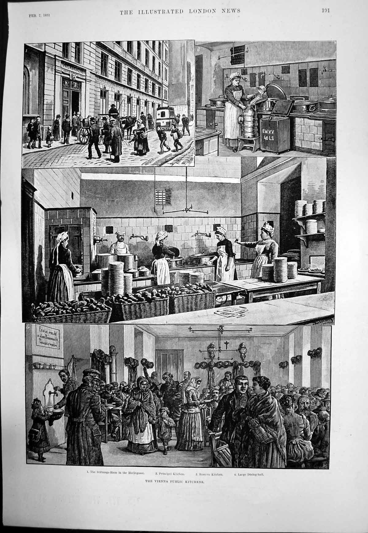 Old Antique Print Vienna Public Kitchens Stiftungs Haus Dining Hall 1891 19th
