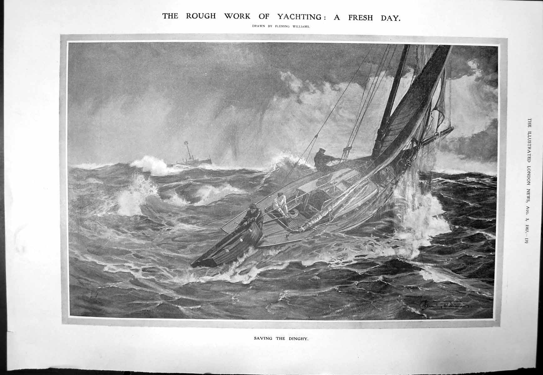 Antique Old Print Rough Work Yachting Fresh Day F Williams Saving Dinghy 1907