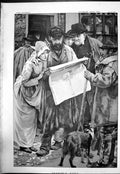 Antique Old Print Terrible News G King Group Gathered Reading Newspaper 1888