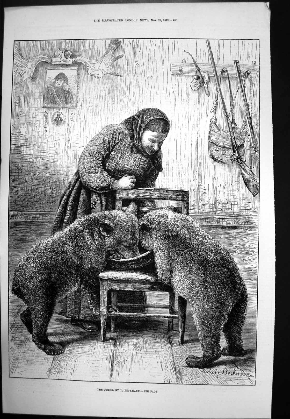 Original Old Antique Print Twins L Beckmann Woman Feeding Young Bears 1879 19th
