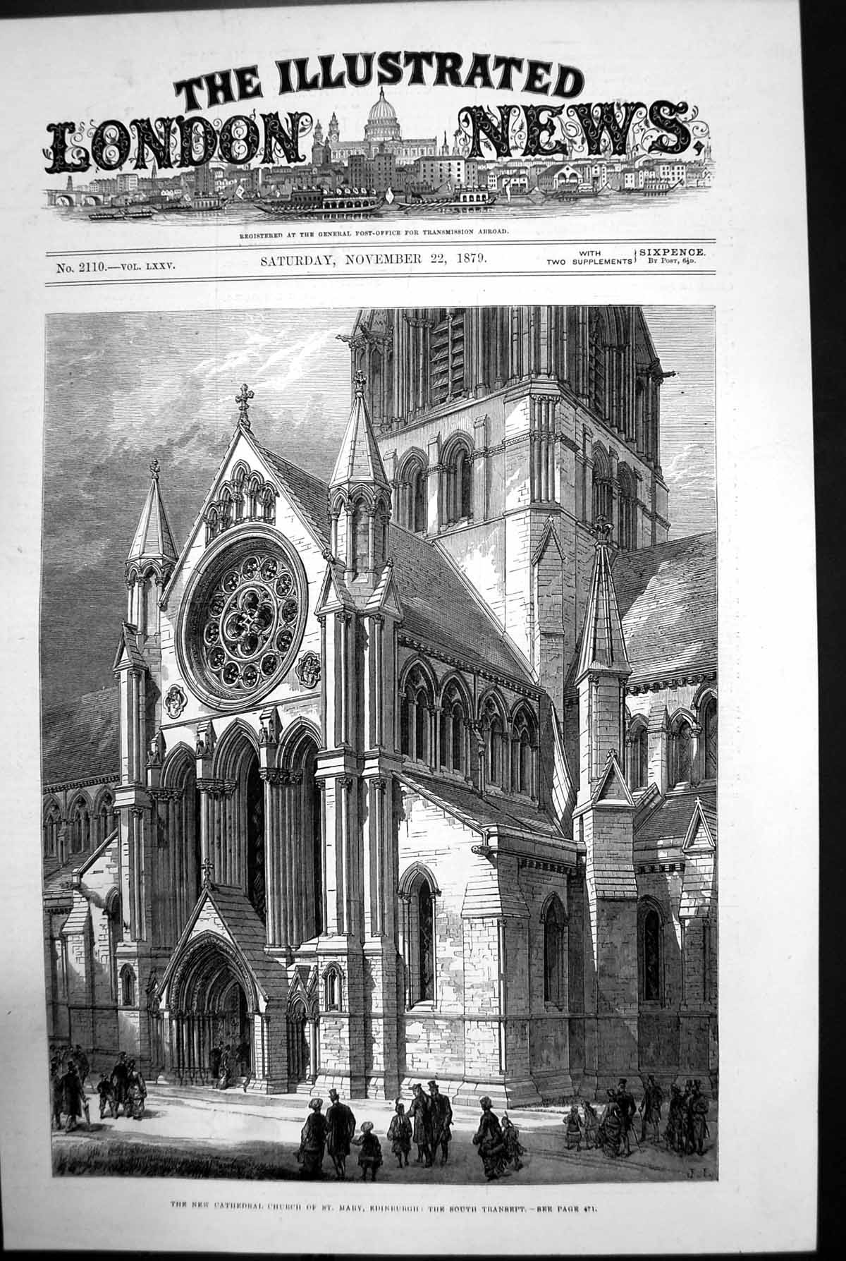 Original Old Antique Print The New Cathedral Church St Mary Edinburgh 1879 19th