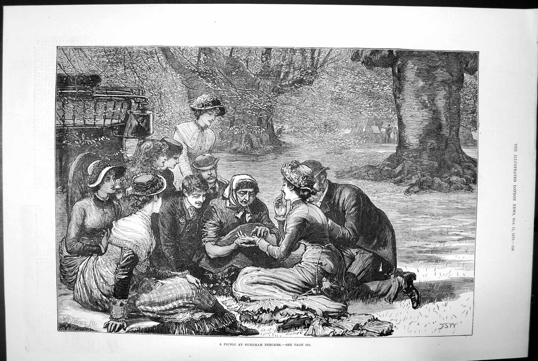Old Antique Print A Picnic At Burnham Beeches Gypsy Fortune Teller 1879 19th