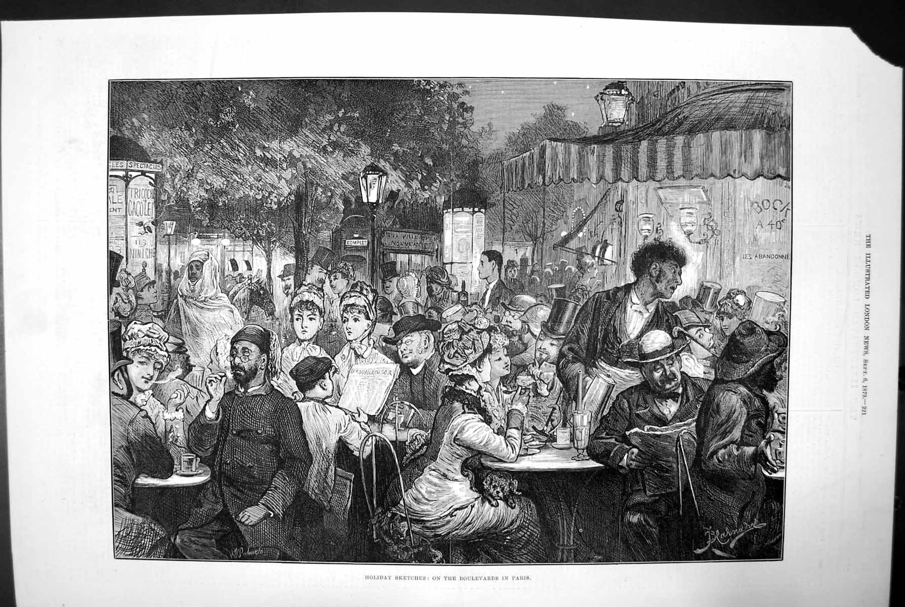 Antique Old Print Holiday Sketches: On The Boulevards In Paris Cafe Bar 1879ˇ