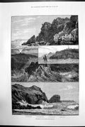 Original Old Antique Print Sketches At The Lizard Rocks Waves Boat Cliffs 1881
