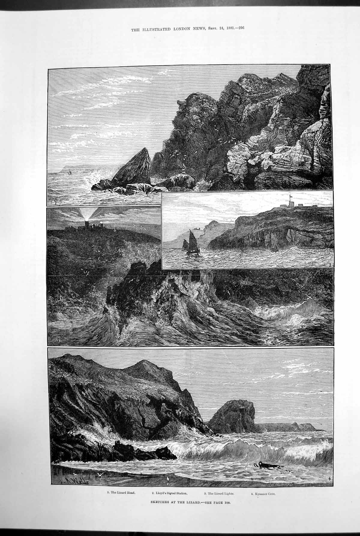 Original Old Antique Print Sketches At The Lizard Rocks Waves Boat Cliffs 1881