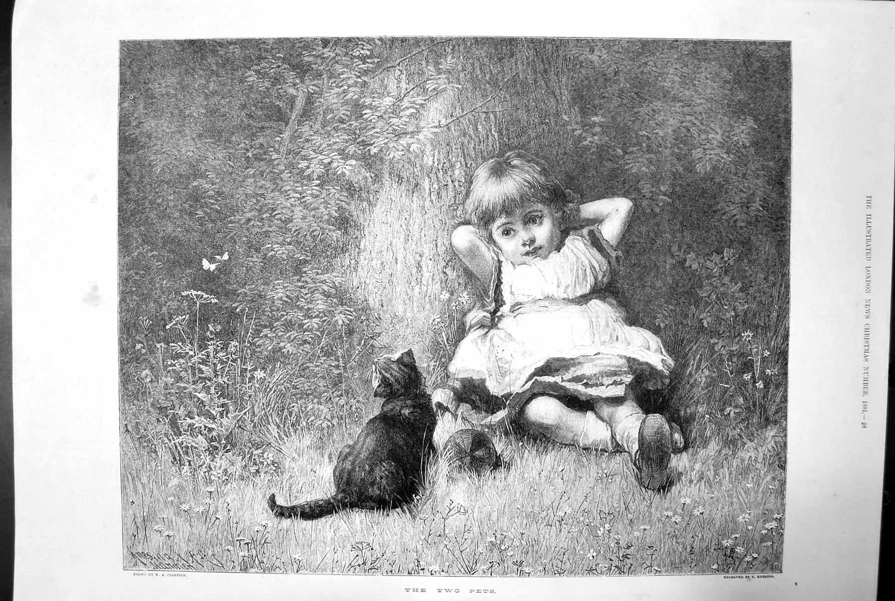 Old Print The Two Pets Cat Child Little Girl Grass Garden Butterfly 1881 19th