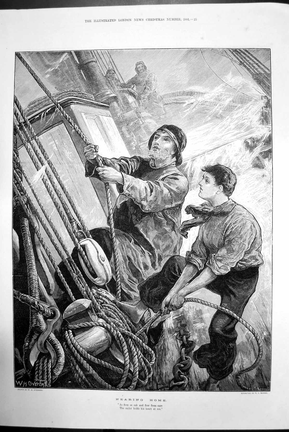Antique Old Print Nearing Home W H Overend Boat Fishermen At Sea Sailor 1881