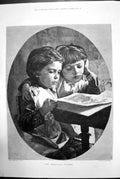 Old Antique Print The Christmas Number Two Children Reading Thomson 1881 19th
