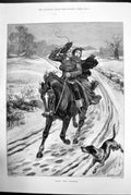 Original Old Antique Print Late For Dinner Dog Horseback Man Woman Snow 1881