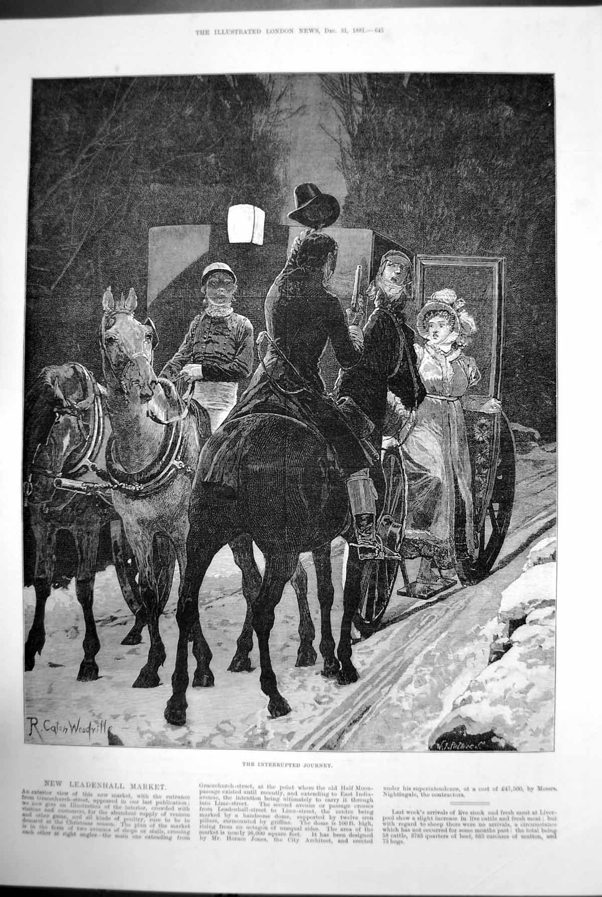 Antique Print The Interrupted Journey Horse Carriage Gun Robbery Hup 1881 19th