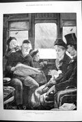 Old Print A Christmas Journey As We Do It Now Train Family Knitting 1881 19th