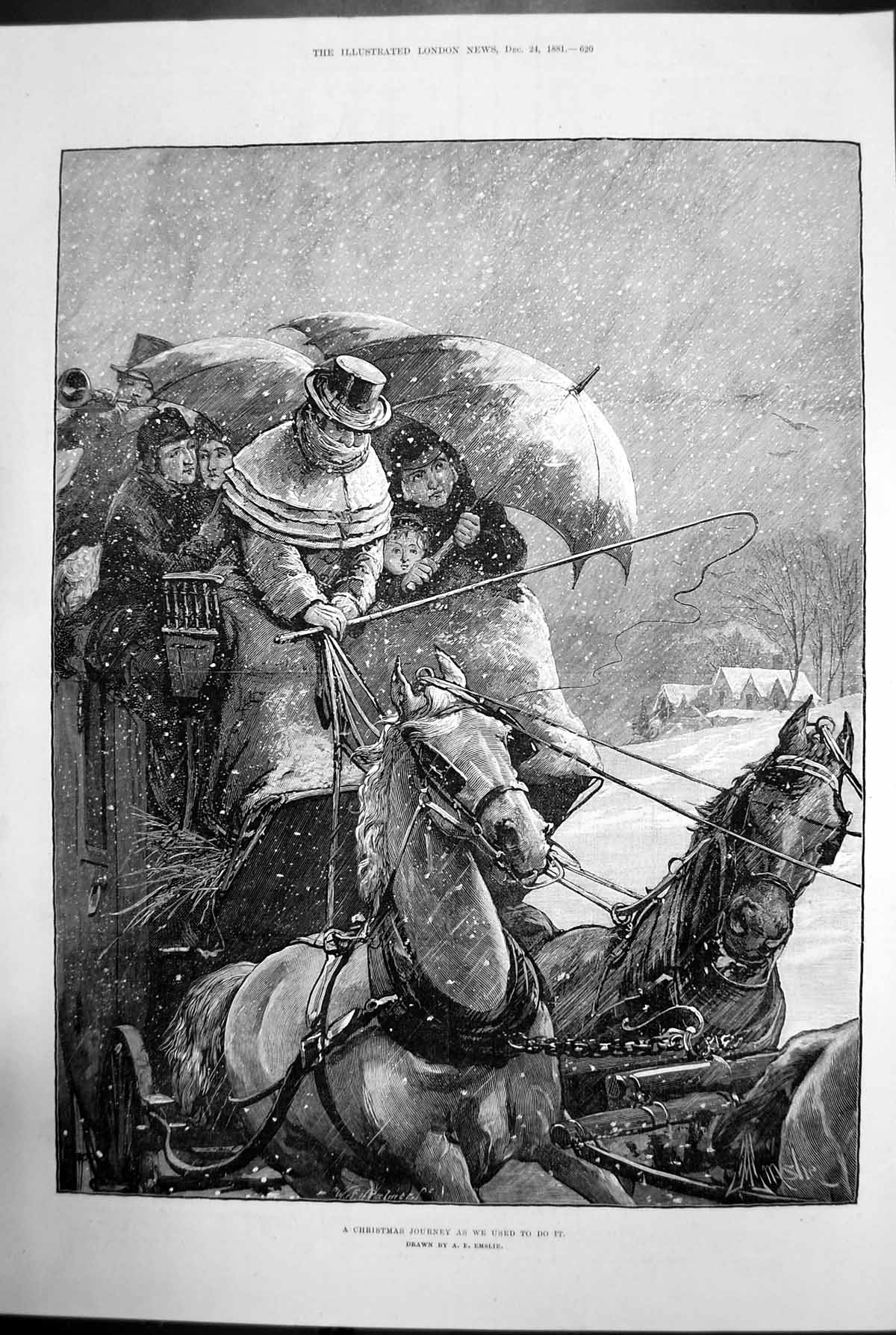 Old A Christmas Journey As We Used To Do It Horse Carriage Snow 1881 Victorian