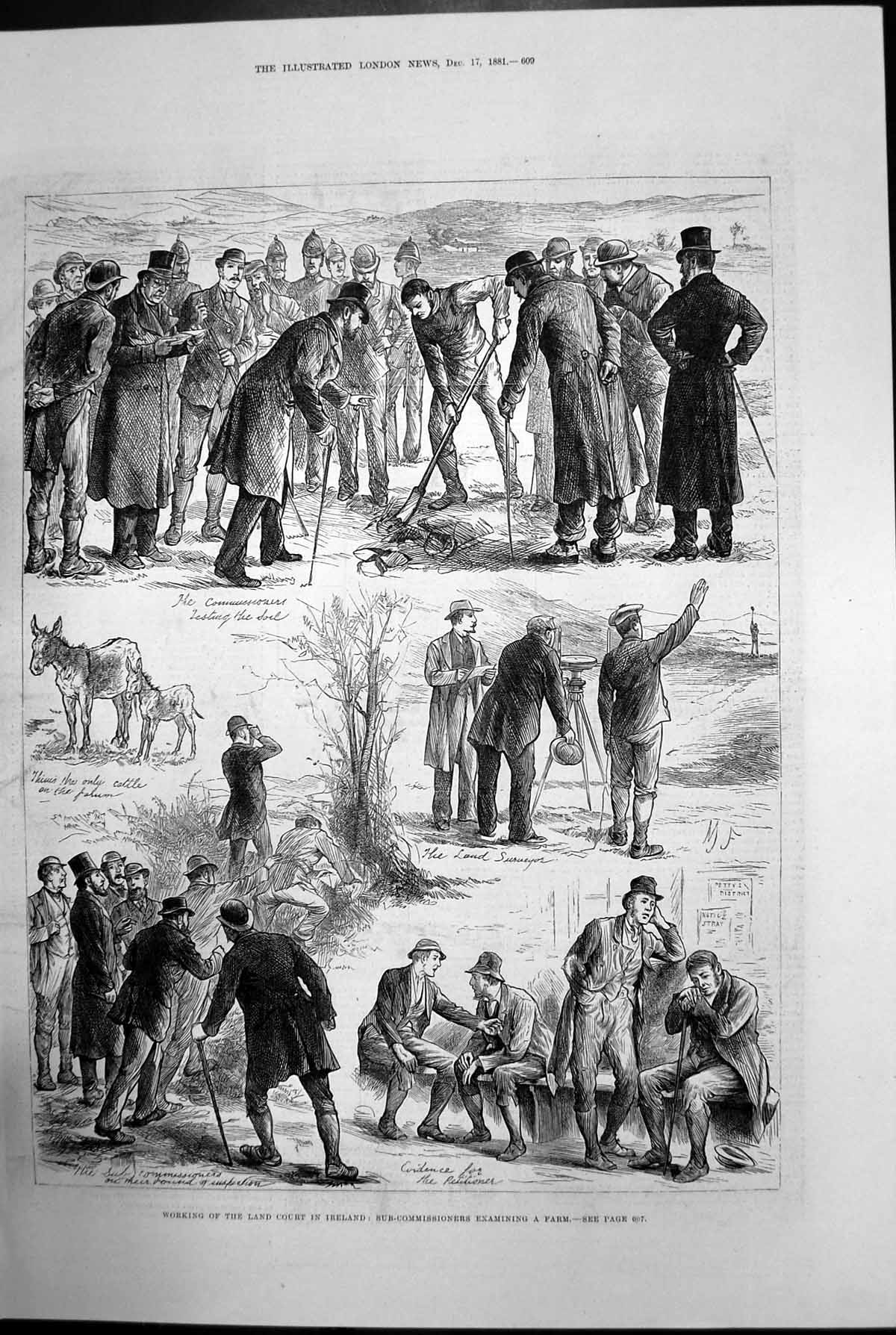 Old Print Working The Land Court Ireland Sub-Commissioner Exam Farm 1881 19th