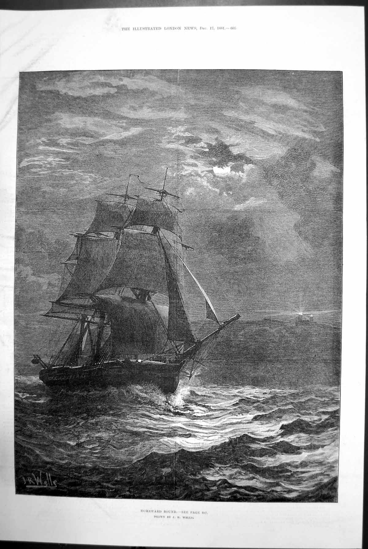 Antique Old Print Homeward Bound Wells Ship Sea Storm Moon Lighthouse 1881 19th