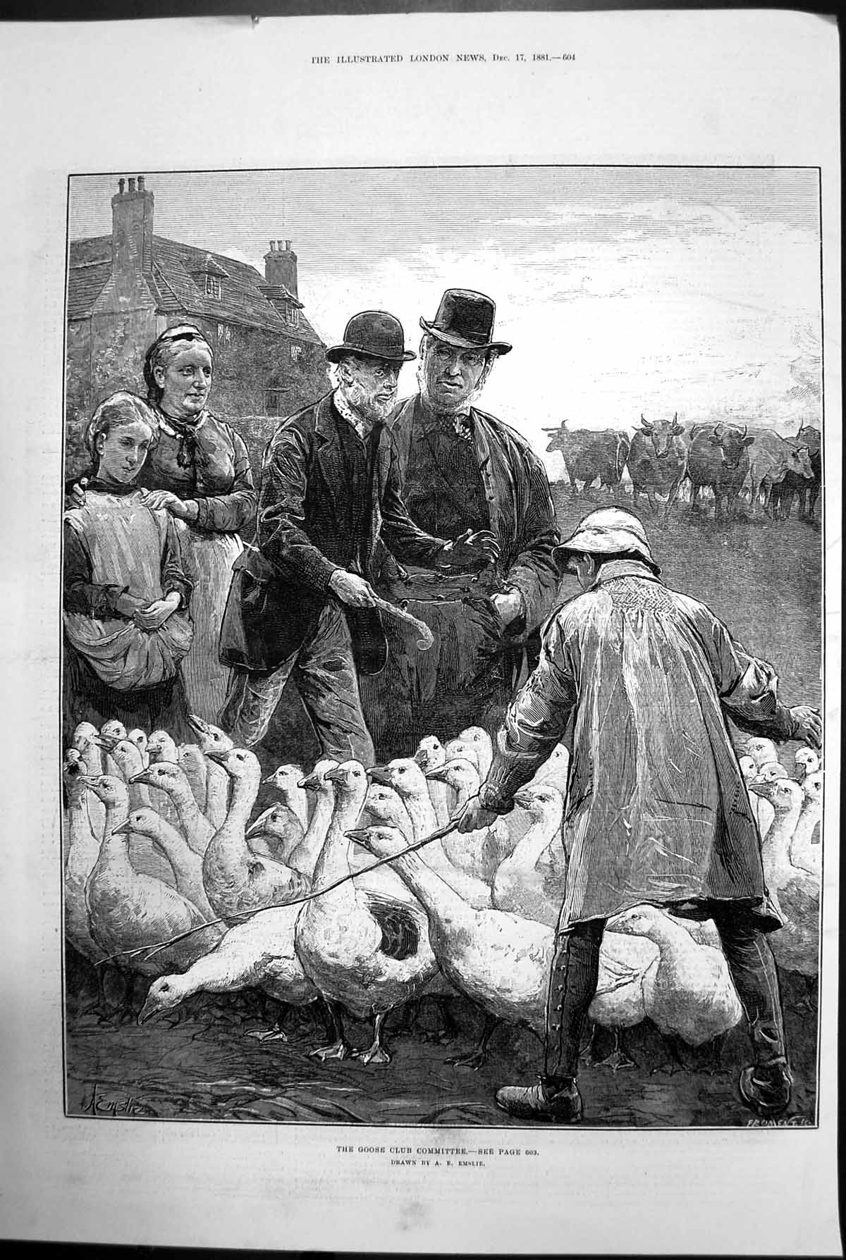 Antique Old Print The Goose Club Committee Geese Cattle Farmer Emslie 1881 19th