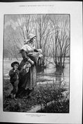 Antique Old Print The Rising The Waters Mother Child Baby River Emslie 1881