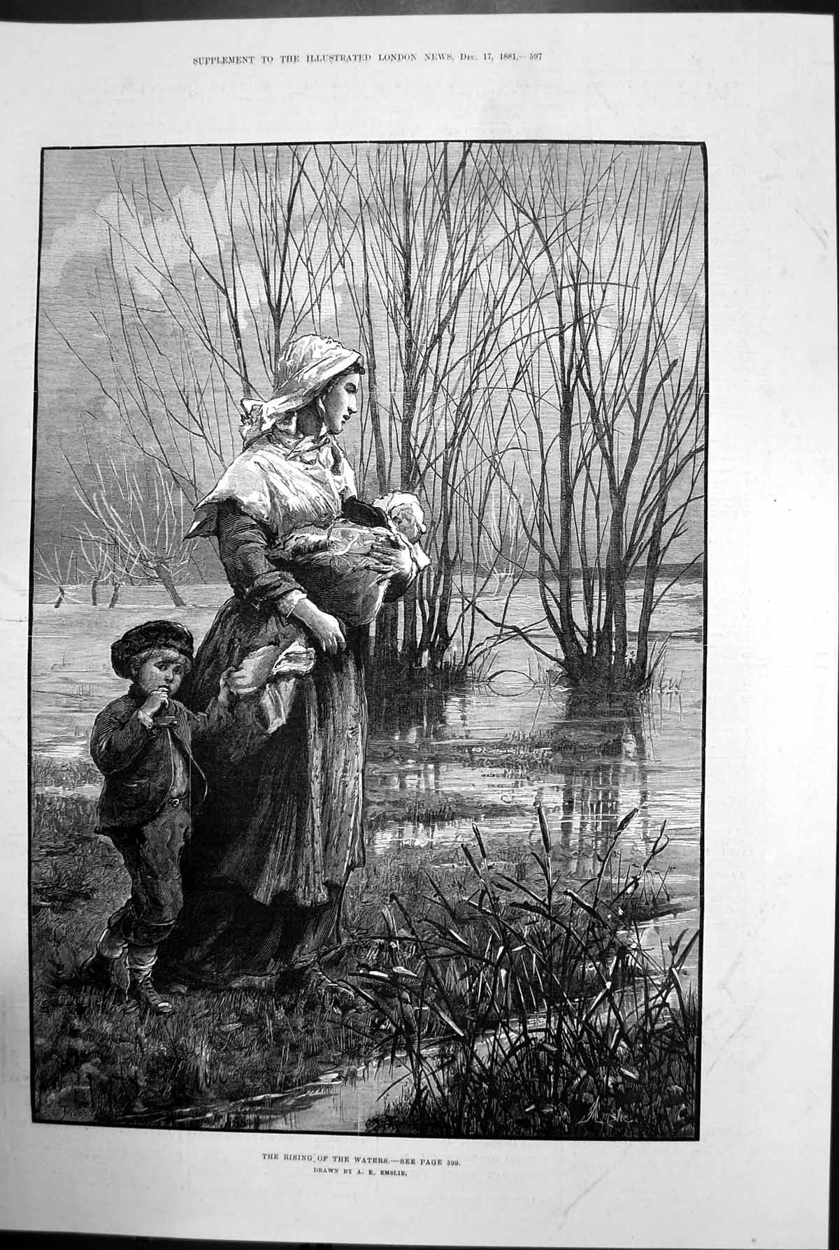 Antique Old Print The Rising The Waters Mother Child Baby River Emslie 1881