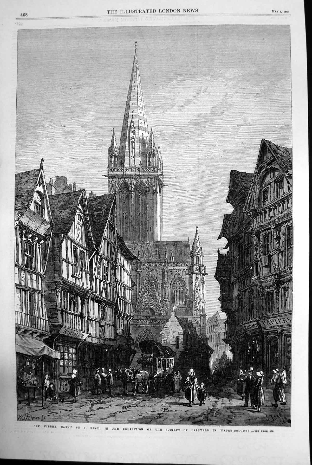 Antique Old Print St Pierre Caen Read Exhibition Water Colours Cathedral 1868