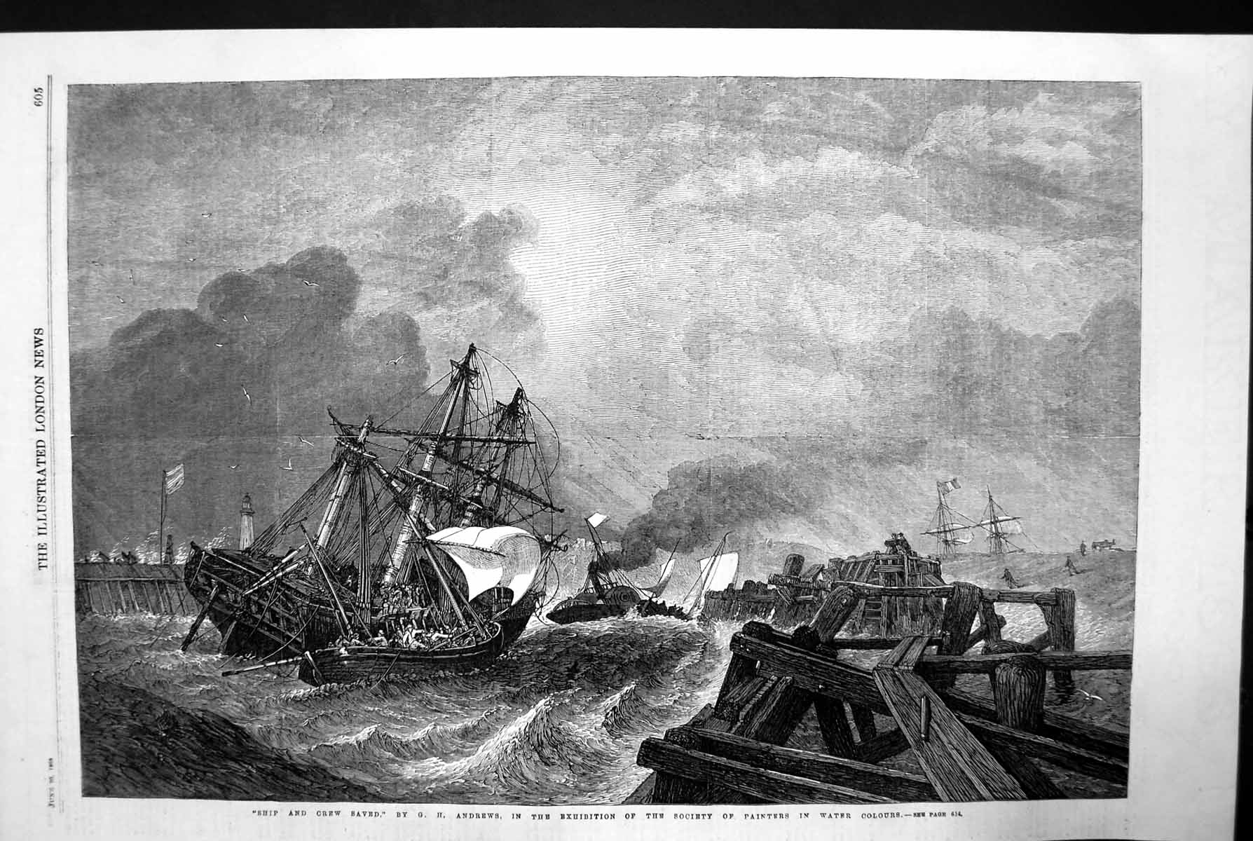 Original Old Antique Print Ship And Crew Saved Sea Storm Waves Ship 1868 19th