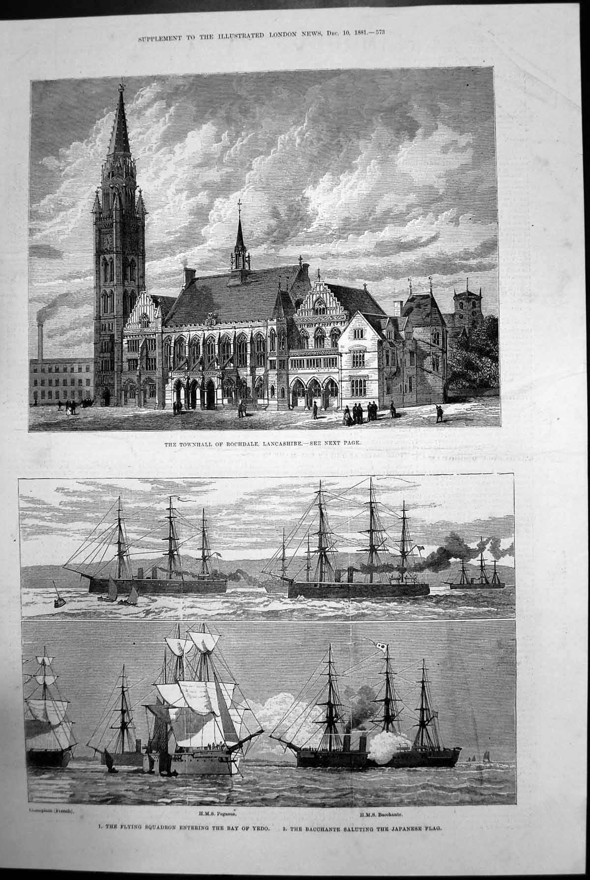 Antique Old Print Rochdale Flying Squadron Bay Yedo Bacchante Pegasus 1881 19th