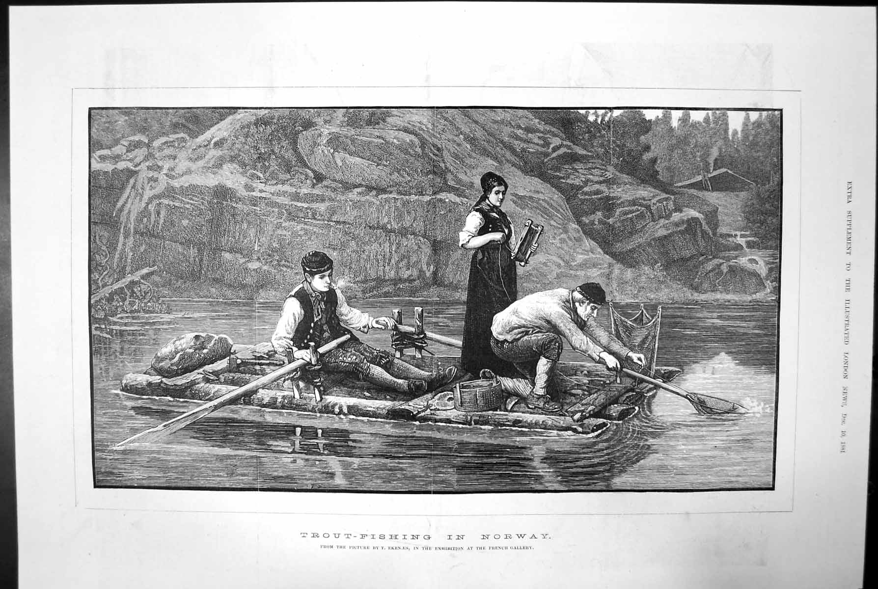 Antique Print Trout Fishing In Norway Boat Line Net Oars Rowing Ekenes 1881