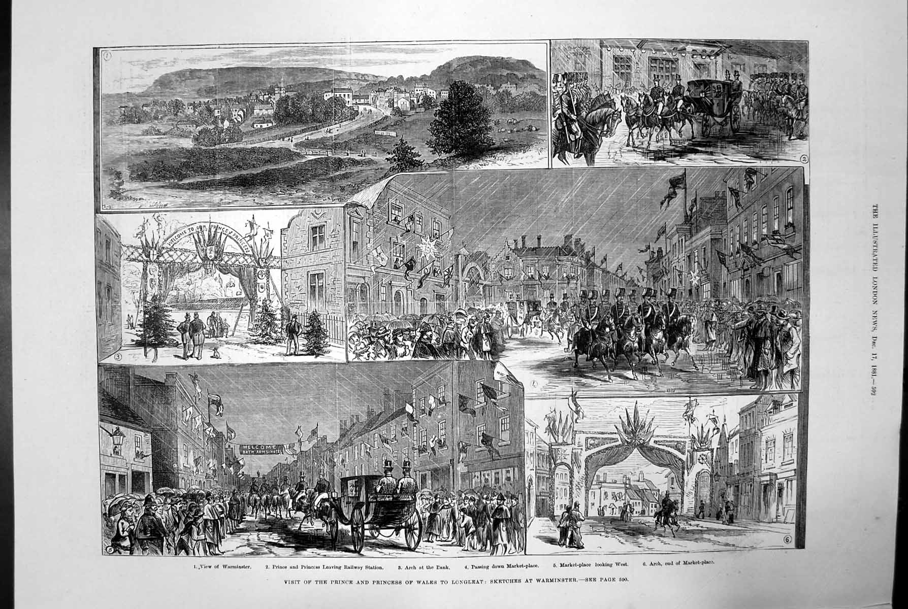 Antique Old Print Prince Princess Wales Longleat Visit Warminster Sketch 1881