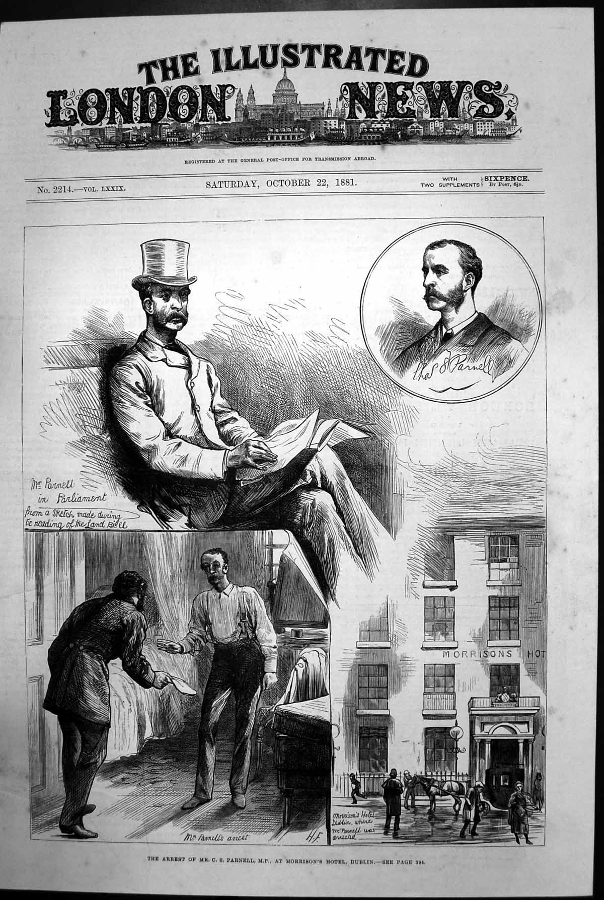 Antique Old Print Arrest Cs Parnell Mp Morrisons Hotel Dublin Land Bill 1881